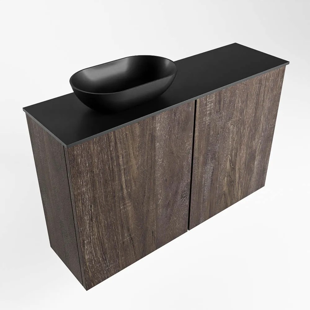 Mondiaz Fowy toiletmeubel 80cm dark brown met zwarte waskom links zonder kraangat