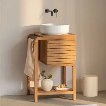 Bradley Teakhouten Badkamermeubelset Rond Keramiek Wit Ø40 Cm Lenka & Spiegelloze & Matzwart Inbouwmodel Met Afvoerkraan Zonder Overloop, Orveta & &#x