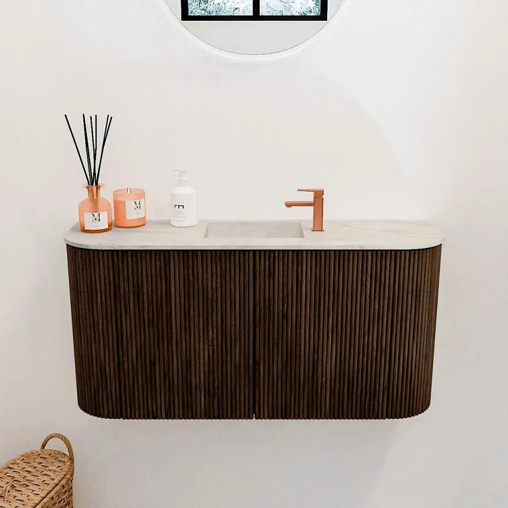 Mondiaz Joya DLux 85cm toiletmeubel ronding links/rechts walnut met wastafel faye midden 1 kraangat ostra