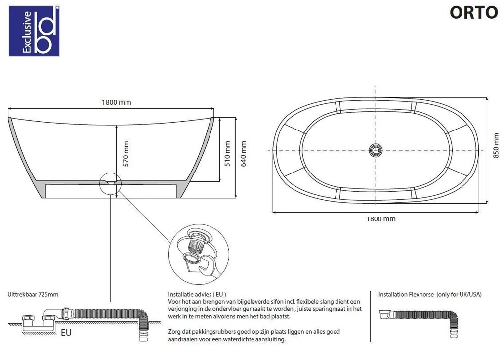 Best Design Orto solid surface vrijstaand bad 180x85x64cm mat wit