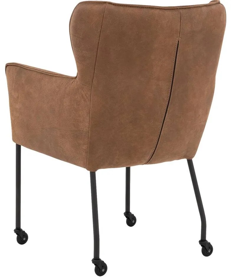 Goossens Excellent Eetkamerstoel Leogang bruin leer met armleuning en Zwart skater wiel met zwarte kapmet wielen, elegant chic