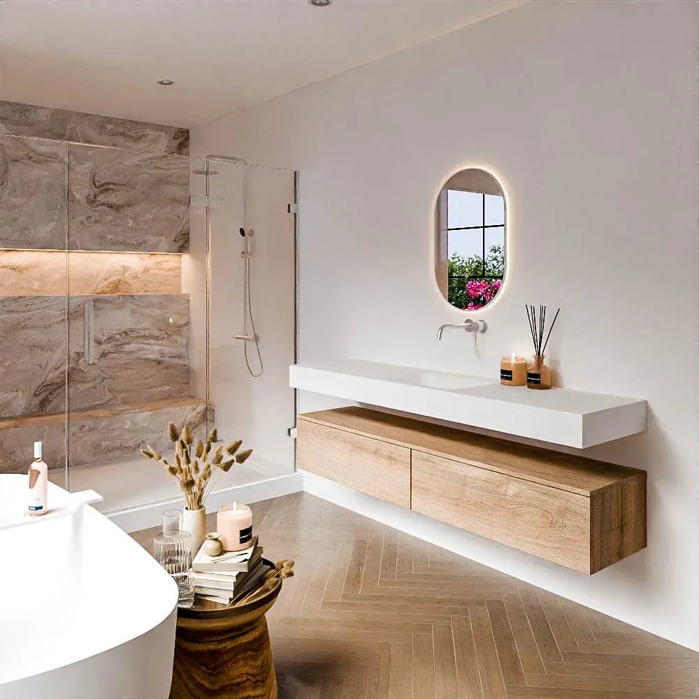 Zaro Alan badmeubel 180cm washed oak 2 lades met vrijhangende wastafel cloud midden zonder kraangat talc