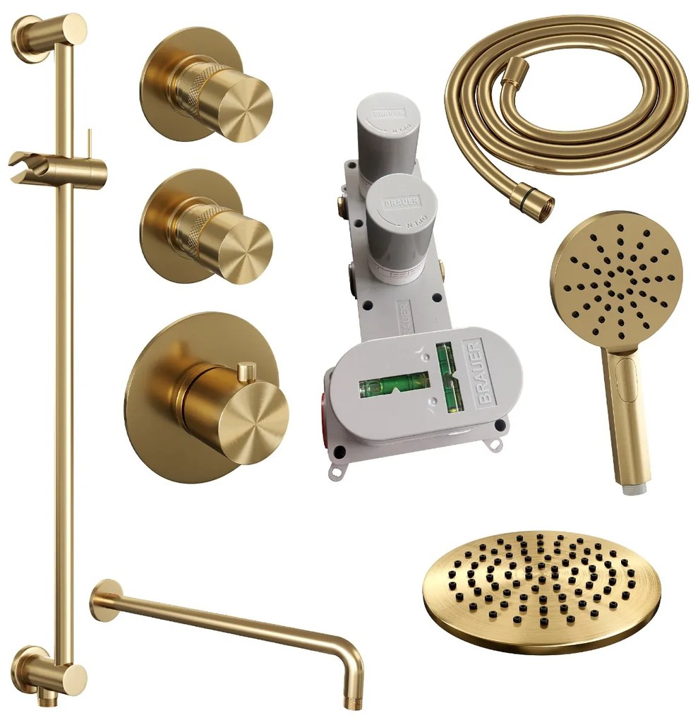 Brauer Gold Edition complete inbouw regendouche met 3 standen handdouche, gebogen wandarm, glijstang en hoofddouche 20cm set 21 messing geborsteld PVD