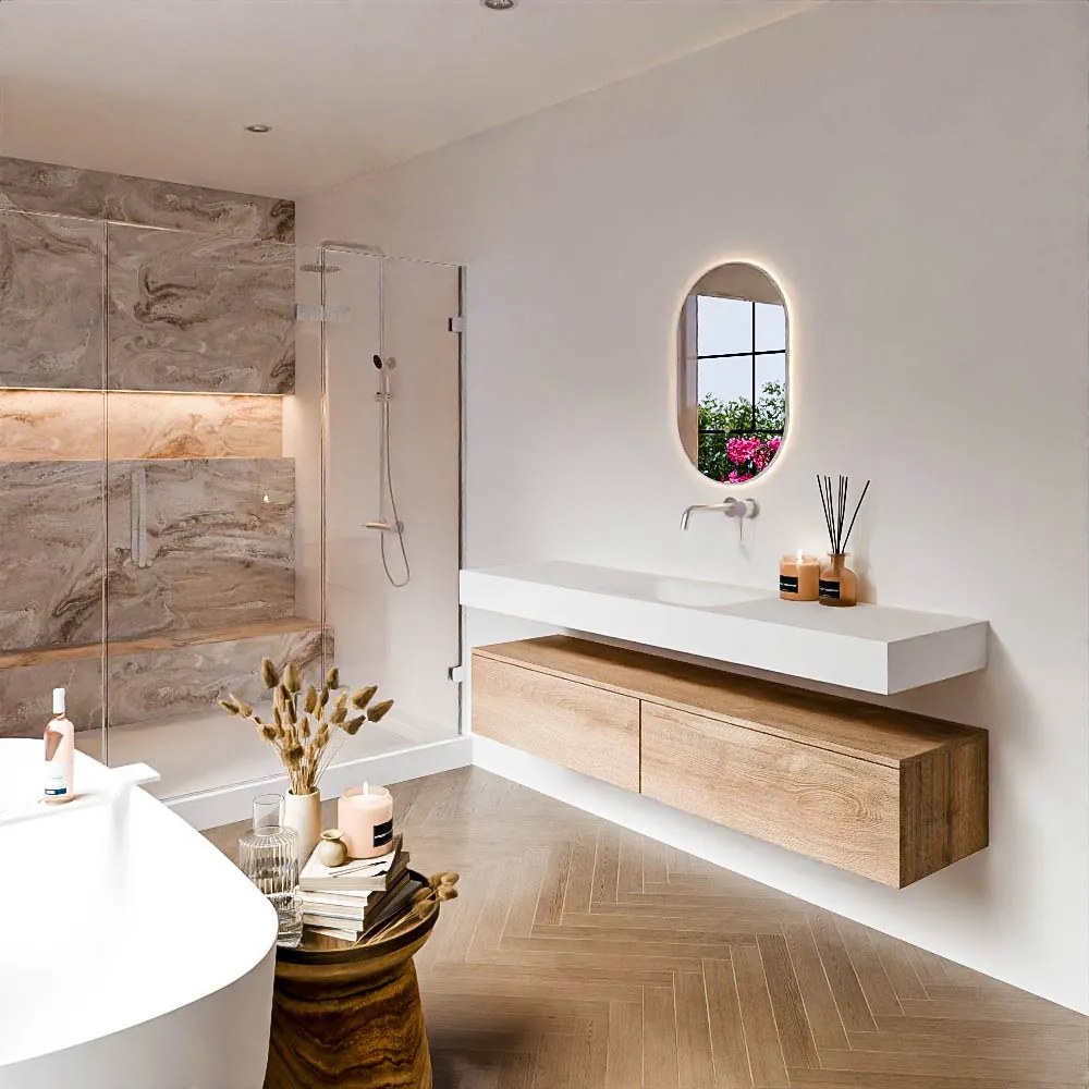 Zaro Alan badmeubel 170cm washed oak 2 lades met vrijhangende wastafel cloud midden zonder kraangat talc
