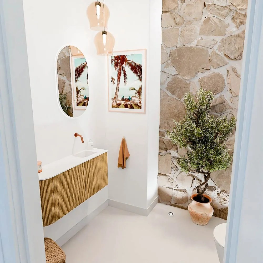 Mondiaz Joya 90cm toiletmeubel ronding links oak met wastafel faye rechts zonder kraangat talc