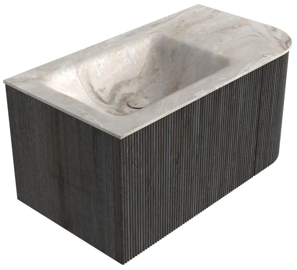 Mondiaz Kurve-dlux 85cm badmeubel ronding rechts shadow met 1 lade en deur en wastafel cloud links zonder kraangat frappe
