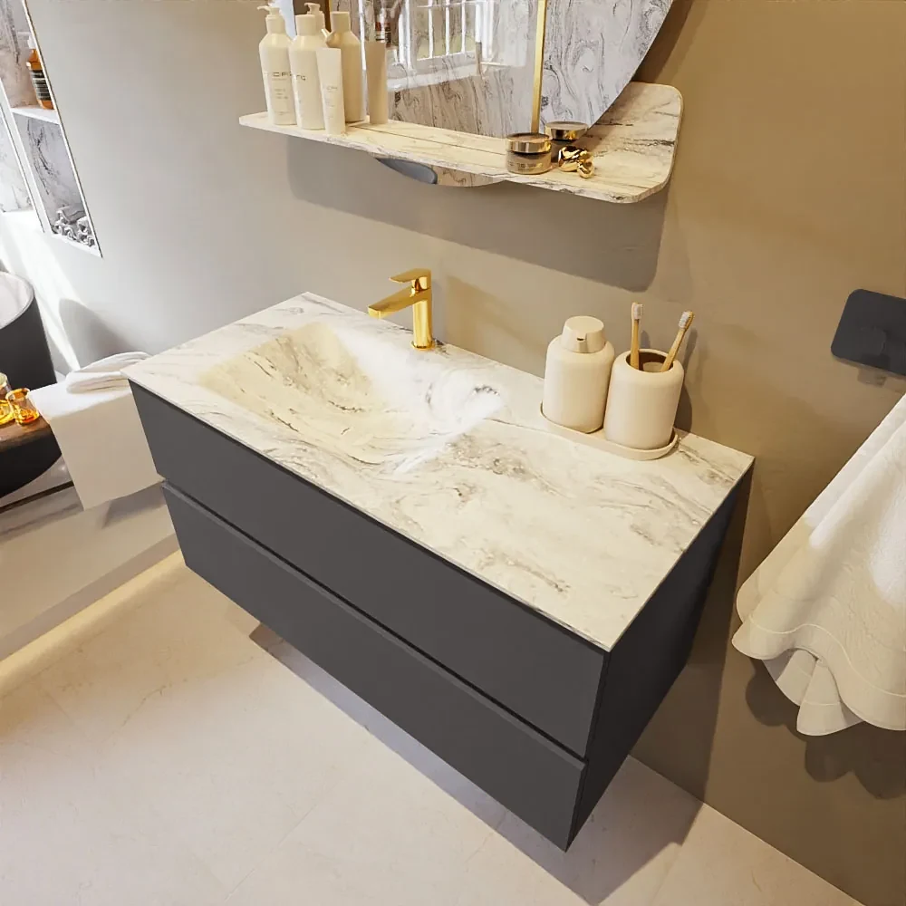 Mondiaz Vica DLux badmeubel 100cm dark grey 2 lades met wastafel glace links 1 kraangat