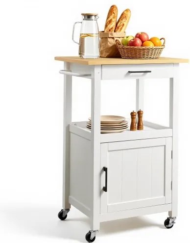 VEVOR Keukeneilandwagen met kast met één deur, mobiele wagen met lade, handdoekhouder en haken, draagbare tafel op wielen, kleine koffie-eilanden, magnetronstandaard voor eetkamer, wit