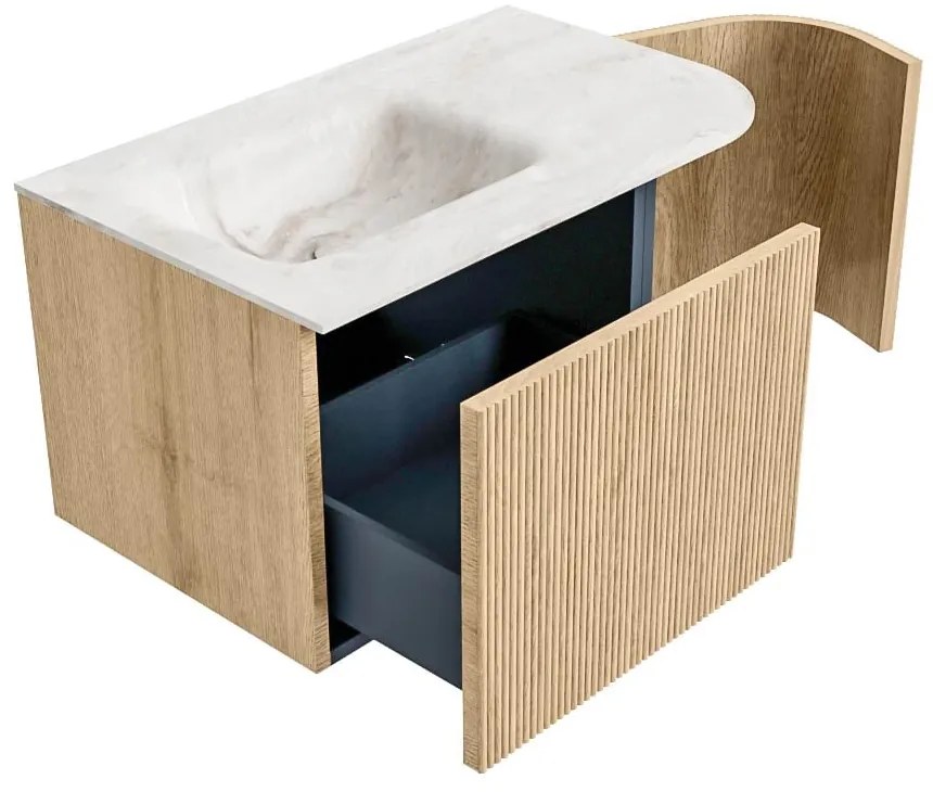 Mondiaz Kurve-dlux 75cm badmeubel ronding rechts oak met 1 lade en deur en wastafel grunne links zonder kraangat frappe