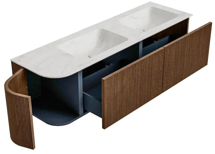 Mondiaz Kurve-dlux 155cm badmeubel ronding links walnut met 2 lades en 1 deur en wastafel leaf dubbel/rechts 2 kraangaten ostra