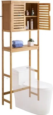 VEVOR Toiletkast Badkamerkast met dubbele deur en verstelbare plank, ruimtebesparende 3-laags badkamerkast boven het toilet met open plank, 65x27x175 cm Opbergkast Natuurlijk