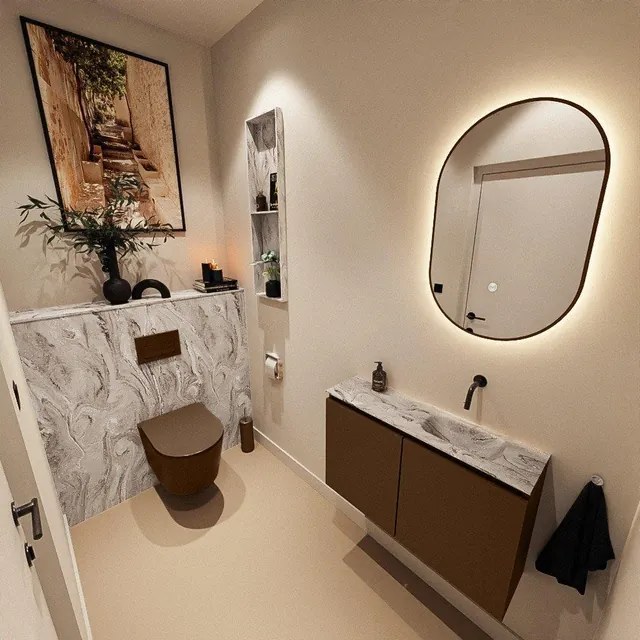 MONDIAZ TURE-DLUX 80cm toiletmeubel Rust. EDEN wastafel Glace positie rechts. Zonder kraangat. TUREDX80RUSR0GLA