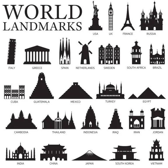 Ilustratie World Countries Landmarks Silhouette Set, MuchMania