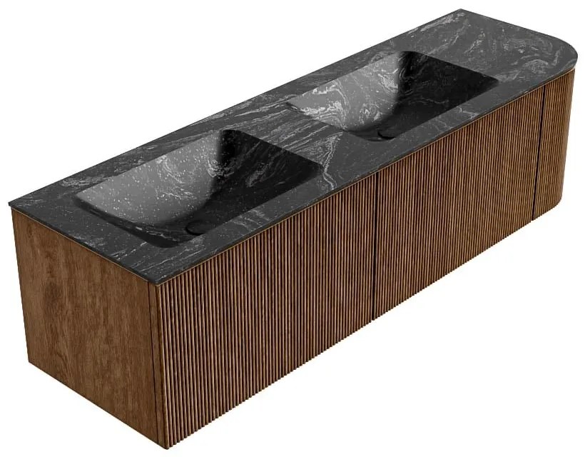 Mondiaz Kurve-dlux 155cm badmeubel ronding rechts walnut met 2 lades en 1 deur en wastafel leaf dubbel/links 2 kraangaten lava