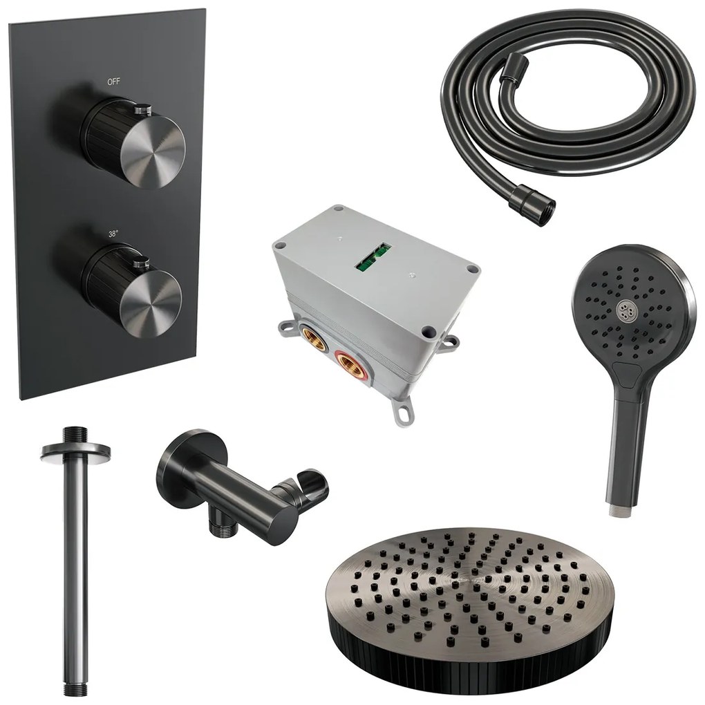 Brauer Stripe inbouw regendouche met 25cm hoofddouche, plafondarm en 3 standen handdouche set 18 gunmetal geborsteld PVD