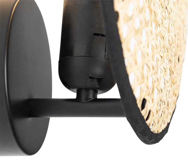 Landelijke wandlamp zwart met rotan 25 cm - KataOosters, Landelijk E27 rond Binnenverlichting Lamp