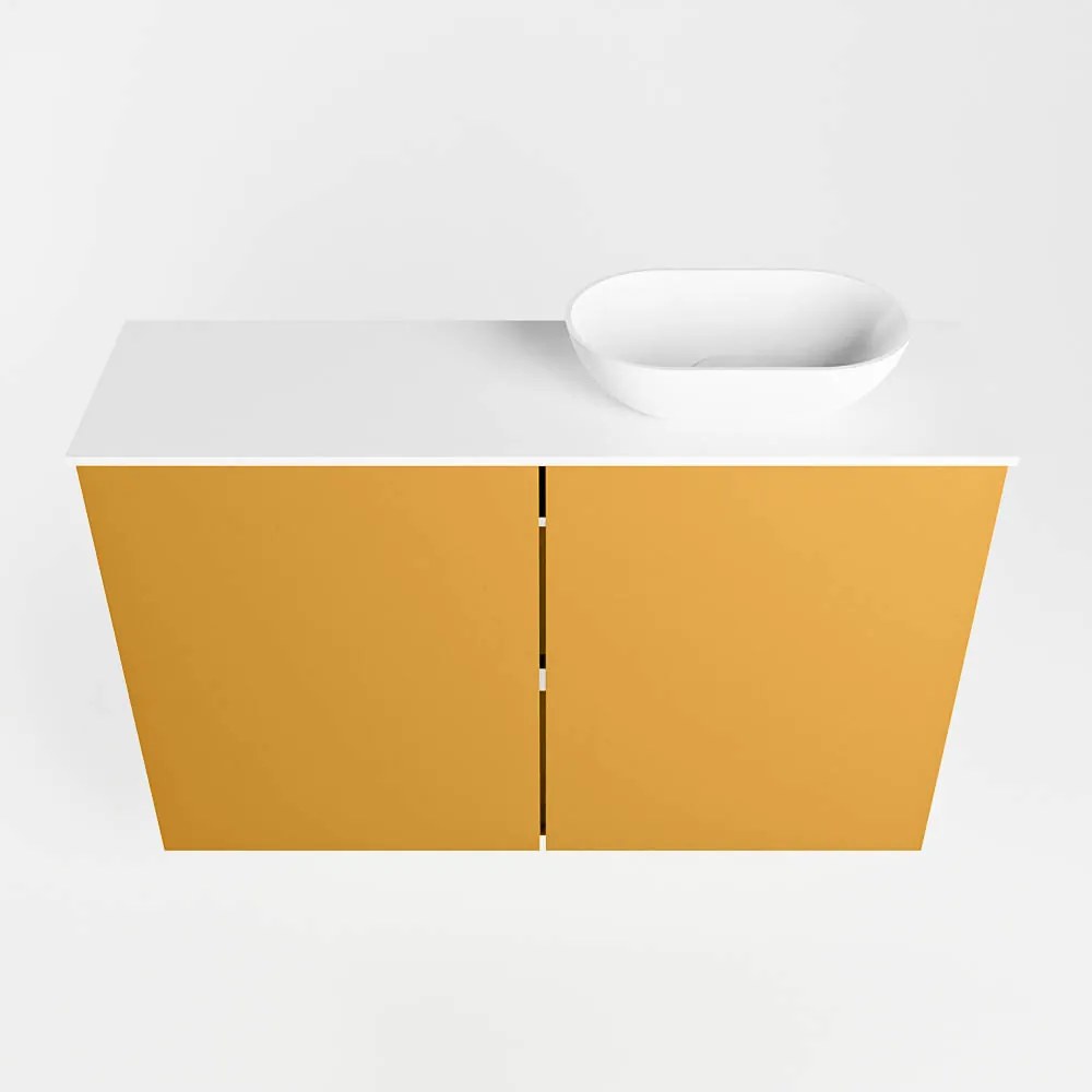 Mondiaz Fowy toiletmeubel 80cm ocher met witte waskom rechts zonder kraangat