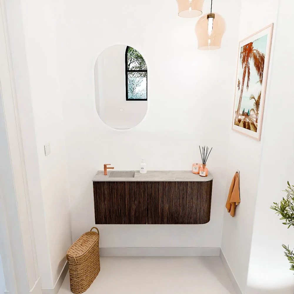 Mondiaz Joya DLux 100cm toiletmeubel ronding rechts walnut met wastafel faye links 1 kraangat glace