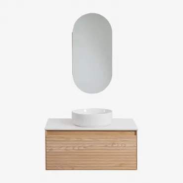 Tedrik Zwevend Badkamermeubelset Van Essenhout Ash Brown & Rond Keramiek Wit Ø40 Cm Lenka & Ovaal Met Opbergruimte 45x90 Cm Abner & Zonder Kraan -