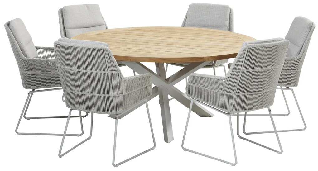 4 Seasons Outdoor Bernini eetset platinum met RVS Prado tafel teak blad Ø 160 cm  Tuinset    houtkleur weerbestendig