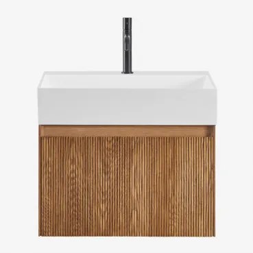 Conjunto Vaniteitmeubel Zwevend Van Hout Met Geïntegreerde Wastafel Aldeia Spiegelloze & Ash Brown & Mat Zwart ↑20 Cm Met Afvoerkraan Zonder Overloop