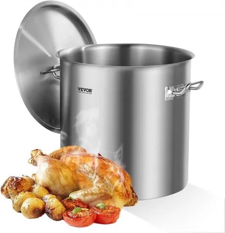 VEVOR 50,1L roestvrijstalen soeppan, grote soeppan, kookgerei steelpan met deksel en handvat, soeppan van commerciële kwaliteit, schuurbehandeling, voor grote groepsevenementen, zilver