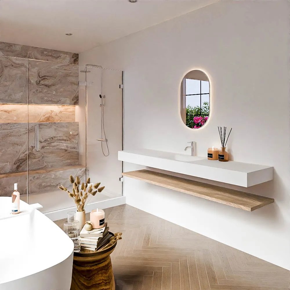 Zaro Alan badmeubel 190cm met planchet washed oak en vrijhangende wastafel cloud midden 1 kraangat talc