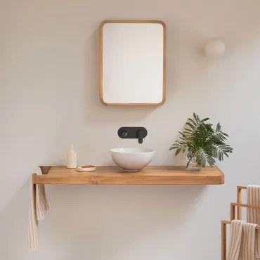 Conjunto Van Meubel 130x45 Cm Hangend In Teakhout Neill Teakhout & Matzwart Inbouwmodel Met Afvoerkraan Zonder Overloop, Alameda & Rond Wit Keramiek Ø