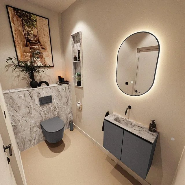 MONDIAZ TURE-DLUX 60cm toiletmeubel Dark Grey. EDEN wastafel Glace positie links. Zonder kraangat. TUREDX60DGRL0GLA