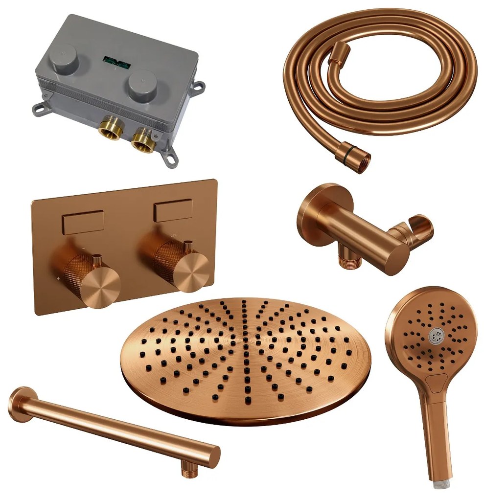 Brauer Copper Carving thermostatische inbouw regendouche met 3 standen handdouche, rechte muurarm en hoofddouche 30cm set 56 koper geborsteld PVD