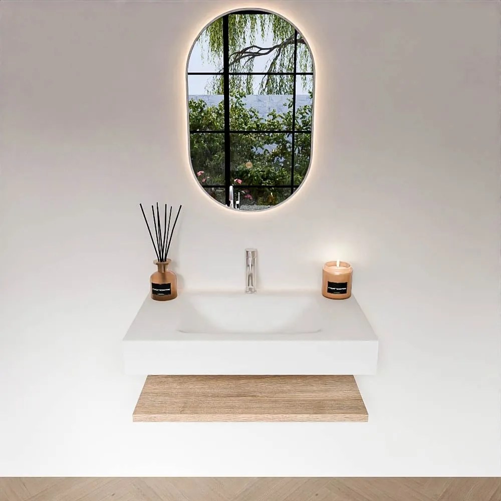 Zaro Alan badmeubel 80cm met planchet washed oak en vrijhangende wastafel cloud midden 1 kraangat talc