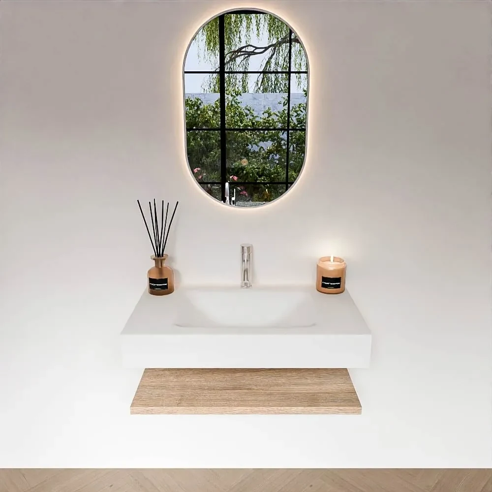 Zaro Alan badmeubel 80cm met planchet washed oak en vrijhangende wastafel cloud midden 1 kraangat talc