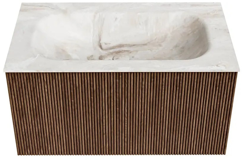 Mondiaz Kurve-dlux 80cm badmeubel walnut met 1 lade en wastafel big small midden zonder kraangat frappe