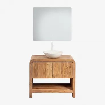 Vacry Houten Badkamermeubelset Acacia Bruin & Rond Cement Wit Ø40 Cm Zavion & Rechthoekige Led En Anticondens 80x70 Cm Riben & Wit ↑30 Cm Met Aftapkra