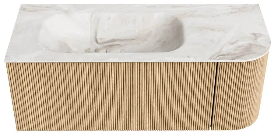 Mondiaz Kurve-dlux 115cm badmeubel ronding rechts oak met 1 lade en deur en wastafel big small links zonder kraangat frappe