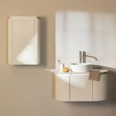 Carsone Houten Badkamermeubelset Wit & Wit & Rond Keramiek Wit Ø40 Cm Lenka & Spiegelloze & Geborsteld Grijs ↑30 Cm Met - Sklum