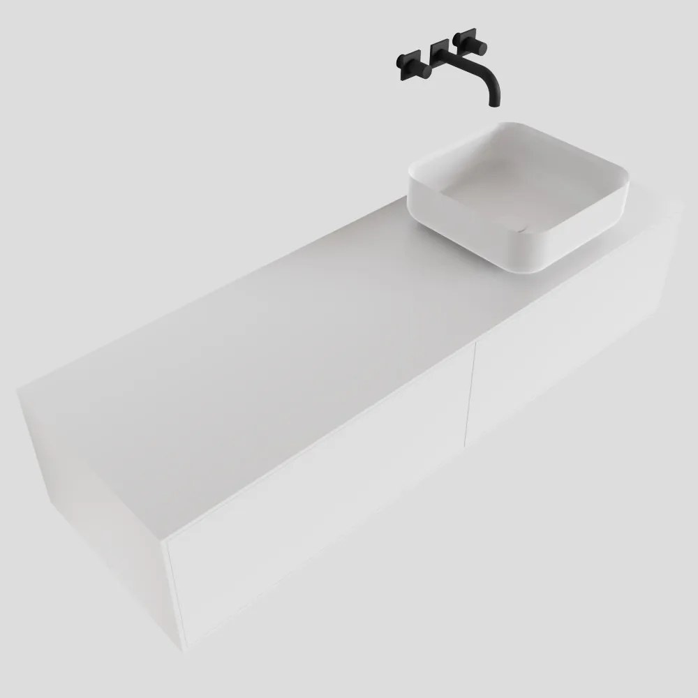 Zaro Lagom volledig naadloos solid surface onderkast met topblad 140cm mat wit met 2 lades Push tot open. Compleet met solid surface opzetkom met 0 kraangat(en)