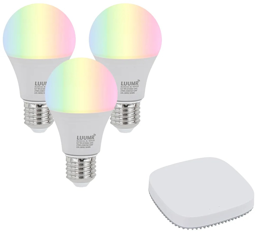 Set van 3 smart E27 dimbare LED lampen A60 9W 806 lm 2700K-6500K incl. Zigbee Smart Hub