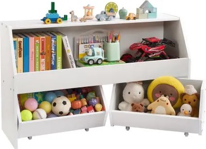VEVOR Houten kinderboekenkast met opbergruimte, speelgoedkast met 2 mobiele lades, speelgoedopbergkast, speelgoedplank voor slaapkamer, kinderkamer, woonkamer, wit