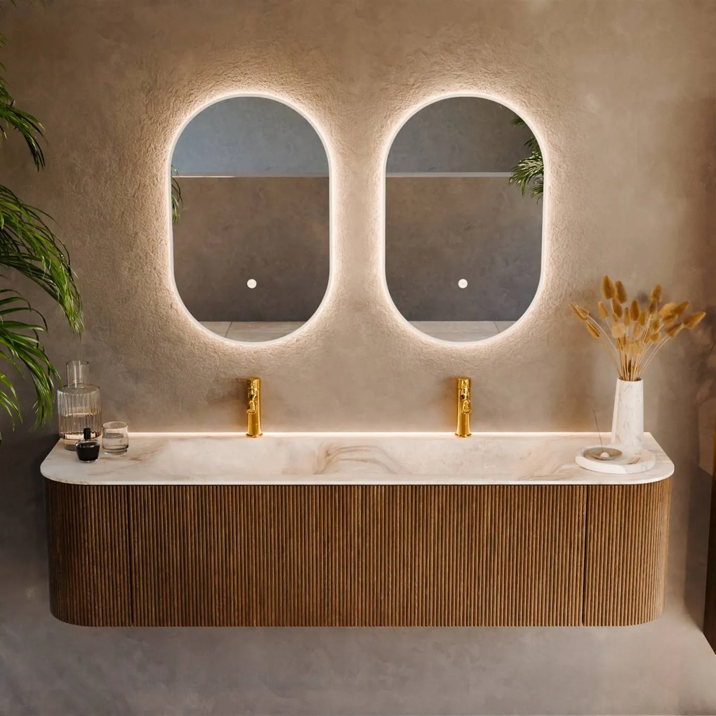 Mondiaz Kurve-dlux 170cm badmeubel ronding links/rechts dusk met 1 lade en 2 deuren en wastafel leaf dubbel 2 kraangaten frappe