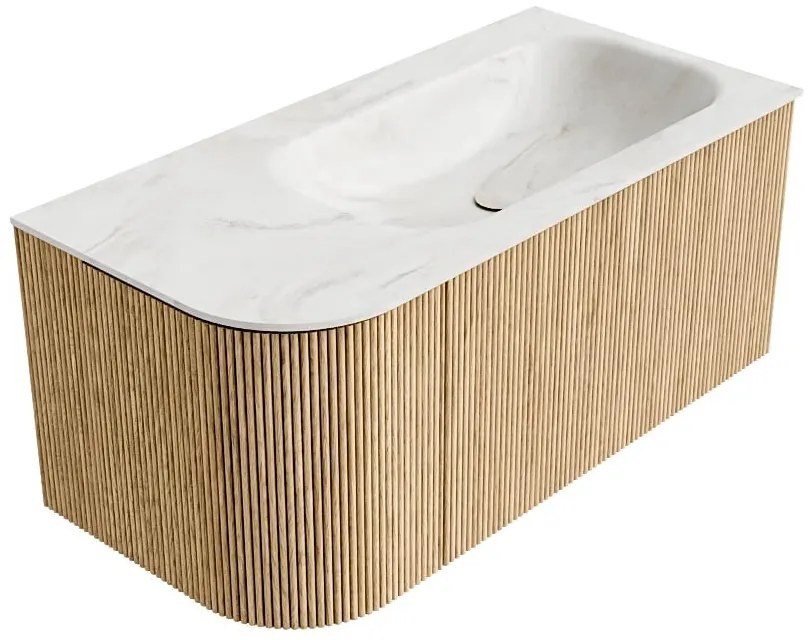 Mondiaz Kurve-dlux 95cm badmeubel ronding links oak met 1 lade en deur en wastafel big small kraangat rechts ostra