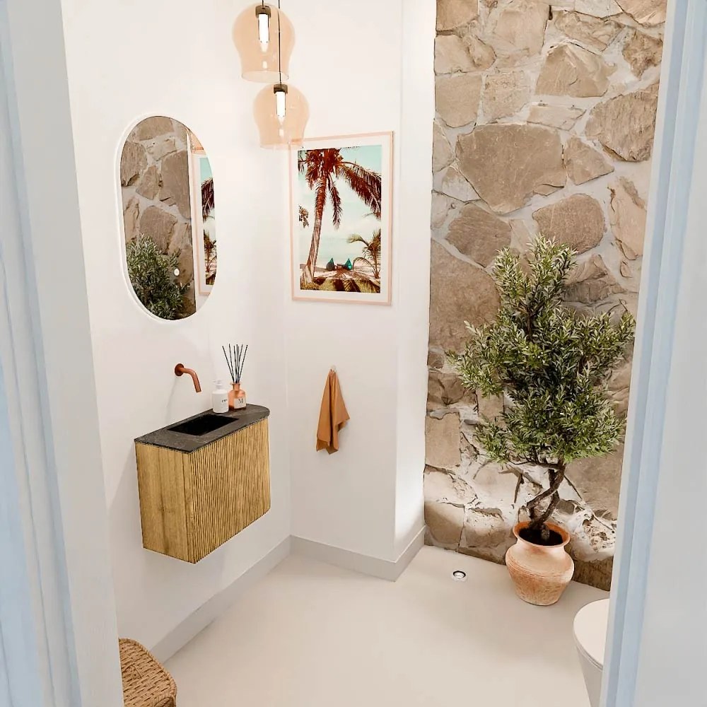 Mondiaz Joya DLux 50cm toiletmeubel ronding rechts oak met wastafel faye links zonder kraangat lava