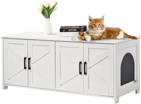 VEVOR kattenbakbehuizing voor 2 katten, verborgen kattenbakmeubel met dubbele compartimenten, houten kattenbakkast, past op de meeste kattenbakken, 119,4 cm L x 47,5 cm B x 50 cm H, wit