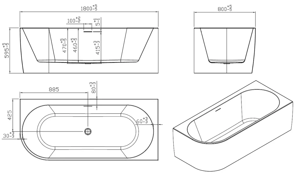Saniclear Lilla bubbelbad 180x80cm rechts wit glans elektronisch 6+4 hydro en 12 aerojets zwart