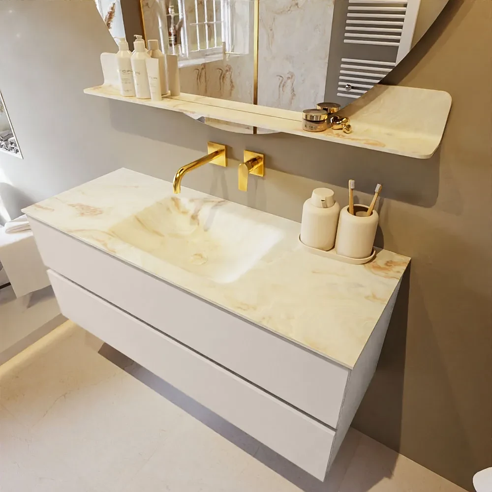 Mondiaz Vica DLux badmeubel 120cm linen 2 lades met wastafel frappe midden zonder kraangat