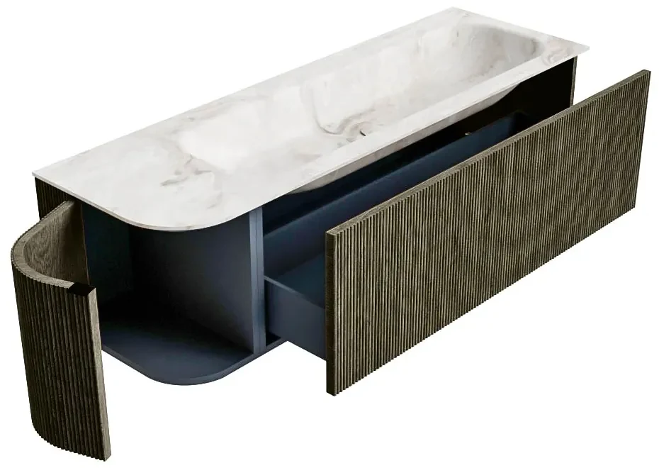 Mondiaz Kurve-dlux 145cm badmeubel ronding links shadow met 1 lade en deur en wastafel big large rechts zonder kraangat frappe