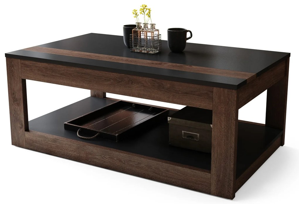 LUSSO Zwart mat/Bruine Eik - MODERNE SALONTAFEL MET VERHOOGD BLAD + OPBERGRUIMTE + SCHAP (OP WIELEN!)