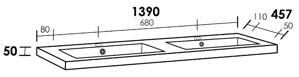 Sanituba Foggia wastafel mineraalmarmer met twee kraangaten 140cm glanzend