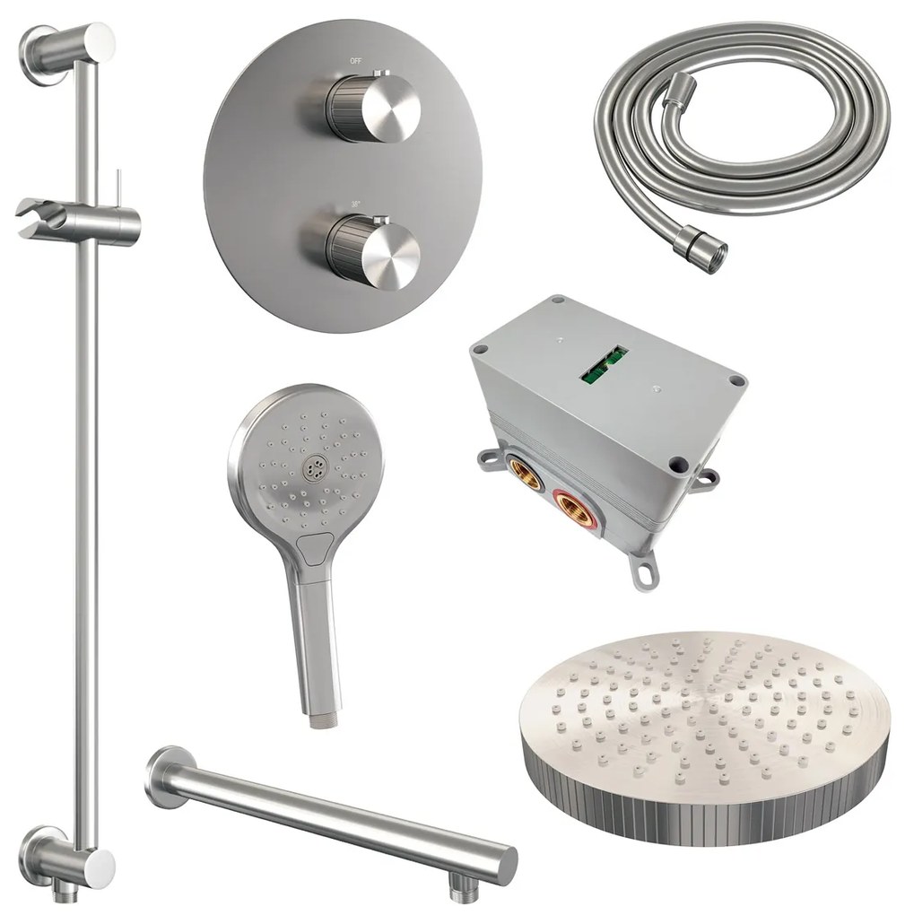 Brauer Stripe inbouw regendouche rond met 25cm hoofddouche, rond met rechte muurarm, glijstang en 3 standen handdouche set 46 RVS geborsteld PVD
