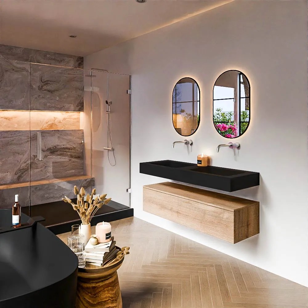 Zaro Alan badmeubel 130cm washed oak 1 lade met vrijhangende wastafel cloud dubbel zonder kraangat urban